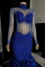 Glamorous High Neck Long Sleeves Prom Dress Mermaid Flowers Bottom With Beads