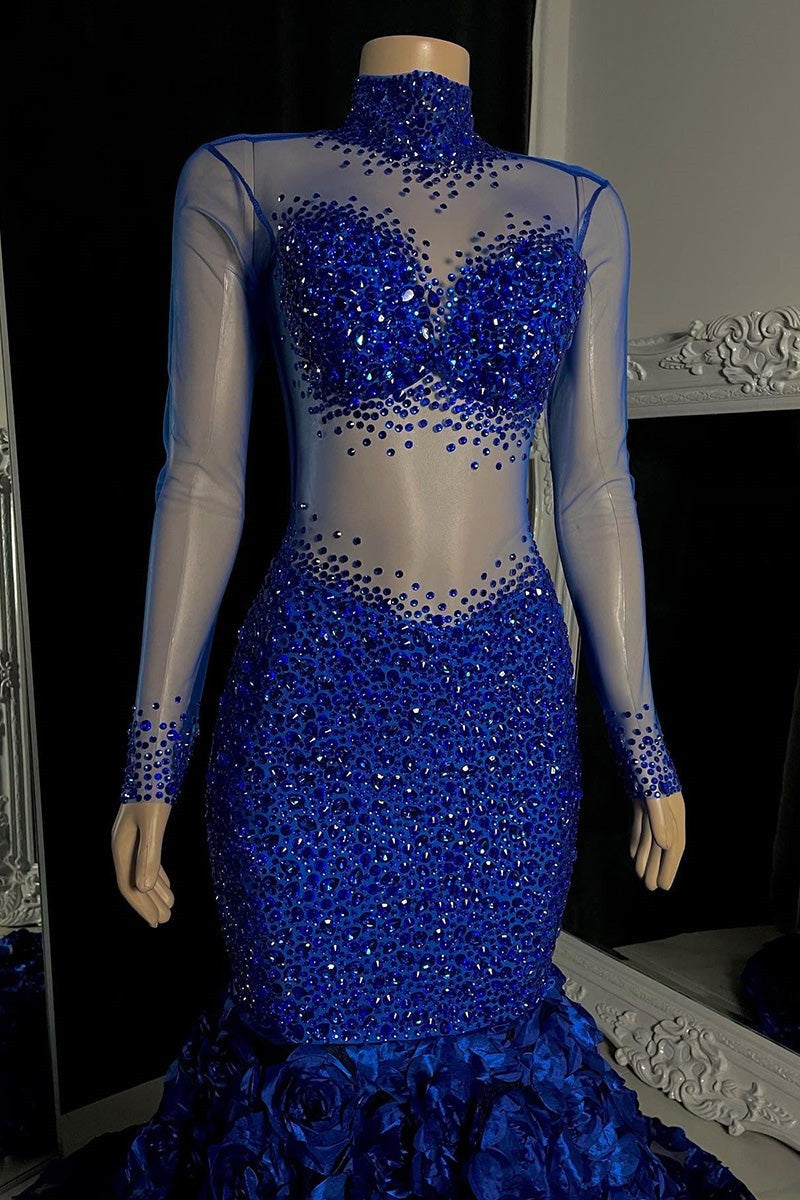 Glamorous High Neck Long Sleeves Prom Dress Mermaid Flowers Bottom With Beads