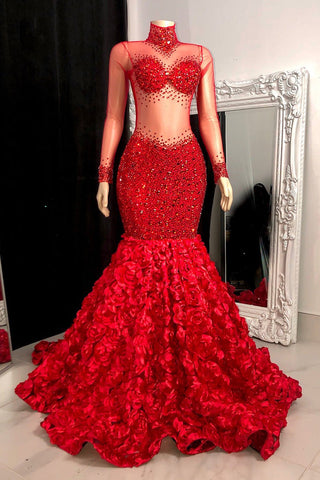 Glamorous High Neck Long Sleeves Prom Dress Mermaid Flowers Bottom With Beads