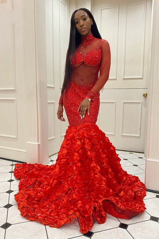 Glamorous High Neck Long Sleeves Prom Dress Mermaid Flowers Bottom With Beads