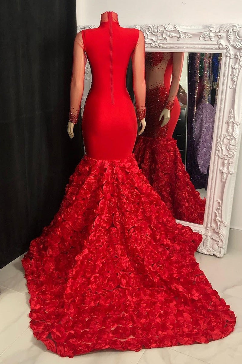 Glamorous High Neck Long Sleeves Prom Dress Mermaid Flowers Bottom With Beads