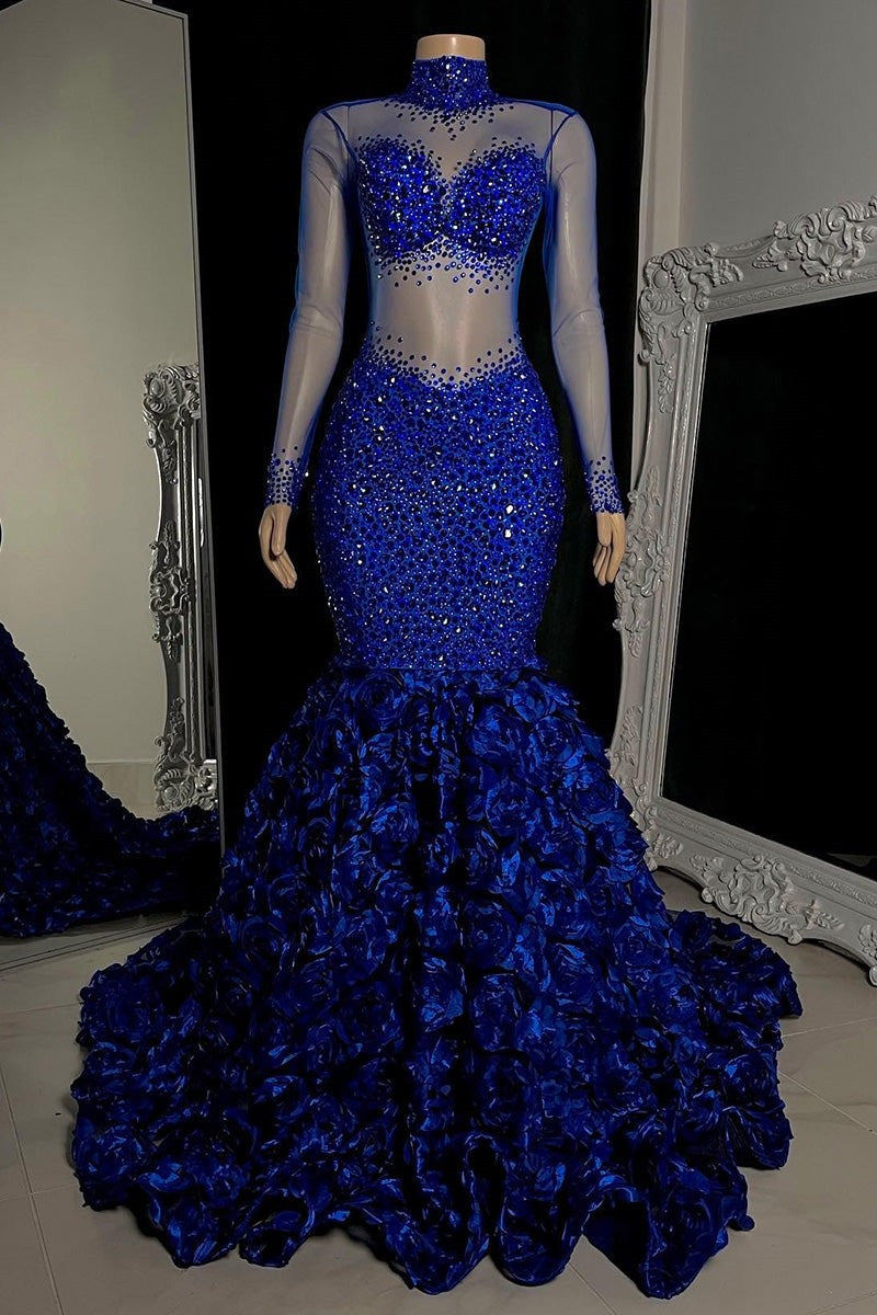 Glamorous High Neck Long Sleeves Prom Dress Mermaid Flowers Bottom With Beads