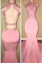Glamorous High-Neck Pink Lace Formal DressesMermaid Long