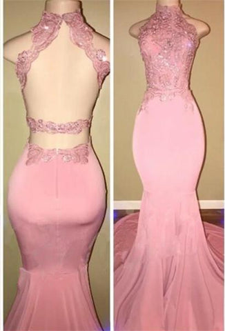 Vestidos de fiesta largos de encaje rosa con cuello alto y estilo sirena