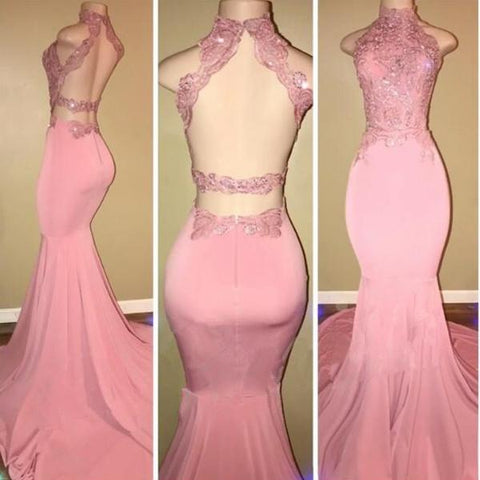 Vestidos de fiesta largos de encaje rosa con cuello alto y estilo sirena