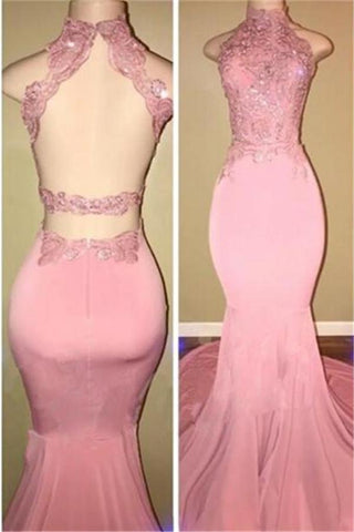 Vestidos de fiesta largos de encaje rosa con cuello alto y estilo sirena
