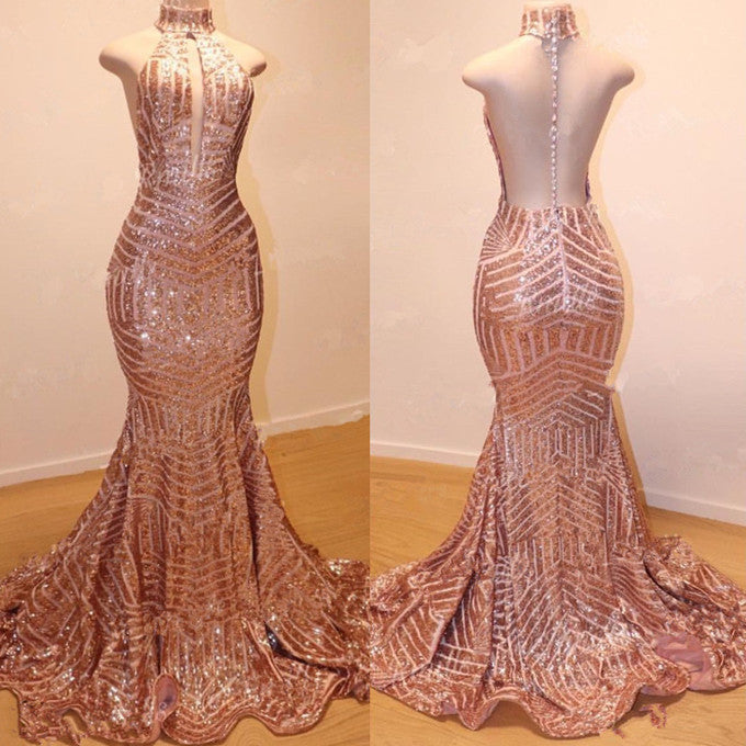 Robes de soirée longues sirène à sequins, col montant, sans manches et glamour 