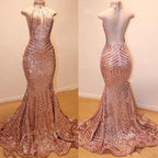 Robes de soirée longues sirène à sequins, col montant, sans manches et glamour 