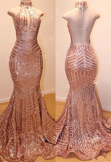 Robes de soirée longues sirène à sequins, col montant, sans manches et glamour 