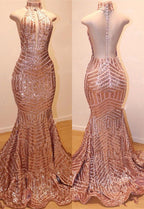 Robes de soirée longues sirène à sequins, col montant, sans manches et glamour 