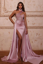 Elegante vestido de fiesta largo de corte A, cuello alto, un solo hombro, encaje y abertura.