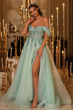 Glamorous Long A-line Off-the-shoulder Lace Beading Prom Dress With Slit