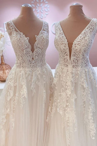 Glamuroso vestido de novia largo de corte A con espalda descubierta, apliques de tul y encaje