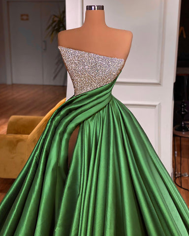 Glamorous Long A-line Strapless Split Front Sleeveless Prom Dress