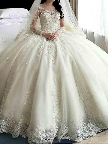 Robes de mariée glamour longues en dentelle et perles avec manches