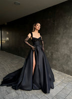 Robes de soirée glamour longues en dentelle noire sans manches avec fente longue disponibles en ligne