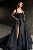 Robes de soirée glamour longues en dentelle noire sans manches avec fente longue disponibles en ligne