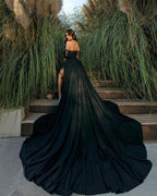 Robe de soirée longue noire glamour en dentelle fendue à épaules dénudées