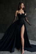 Glamorous Long Black One Shoulder Sleeveless Lace Evening Party Gowns With Sit