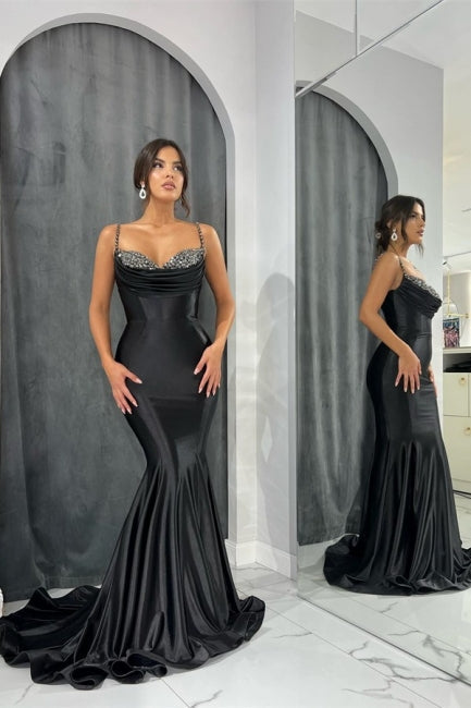 Robe de soirée sirène longue noire glamour à bretelles spaghetti et paillettes