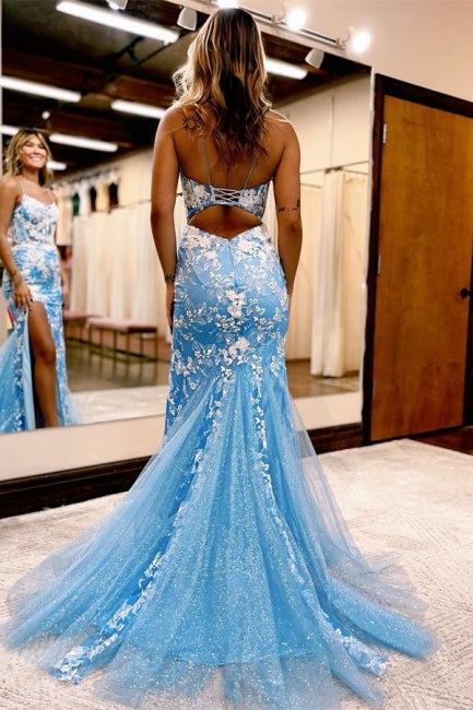 Glamurosos vestidos largos de sirena de encaje azul brillante sin mangas para baile de graduación con abertura