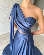 Glamorous Long Blue One Shoulder Sleeveless Evening Party Gowns