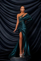 Robe de bal longue et glamour vert foncé à une épaule, en dentelle perlée, manches longues et fente
