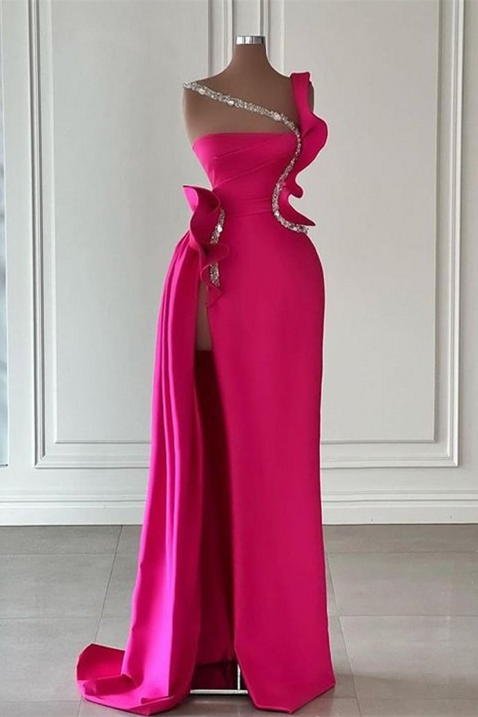 Glamorous Long Glitter Sleeveless Front Split Long Evening Party Gowns With Ruffles Long