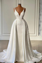 Glamuroso vestido de novia largo color marfil, corte en A, escote en V, sin mangas, de encaje