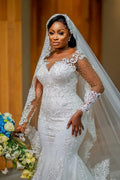Robes de mariée sirène longues glamour à manches longues et appliques en dentelle