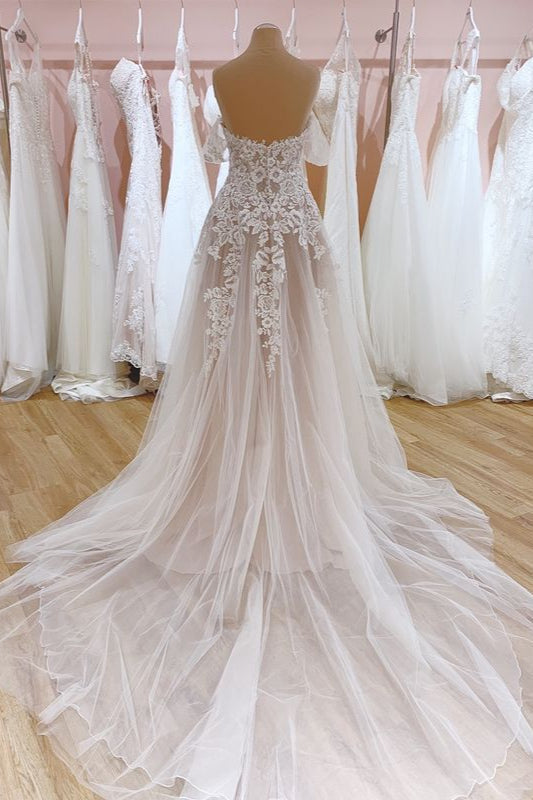 Glamour longue sirène bateau appliques dentelle robe de mariée en tulle