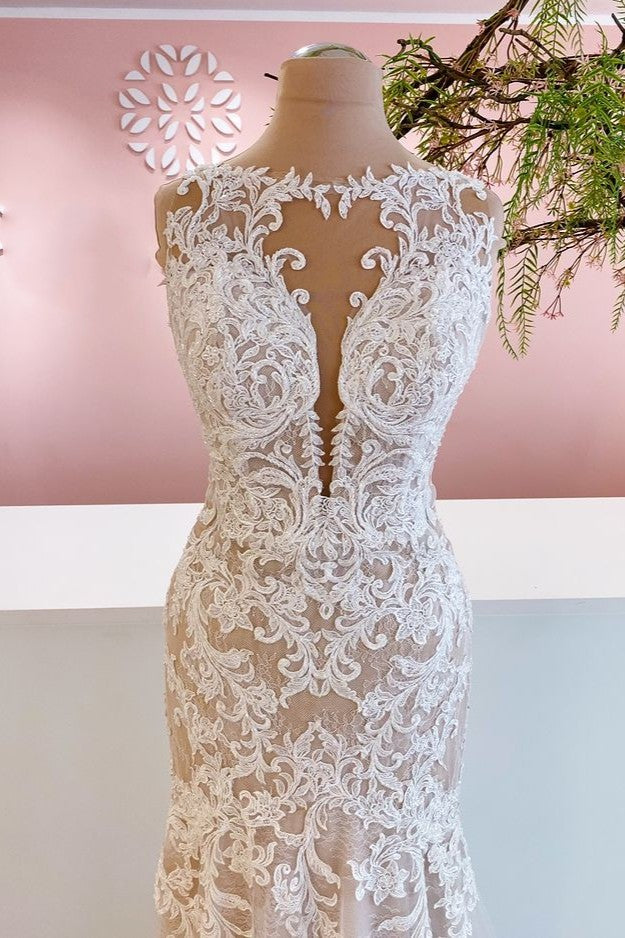 Glamour longue sirène bateau appliques dentelle robe de mariée en tulle