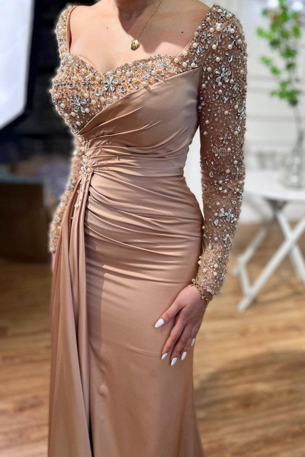 Vestidos de noche largos de sirena con cuentas y mangas largas, glamorosos