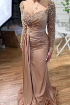 Vestidos de noche largos de sirena con cuentas y mangas largas, glamorosos