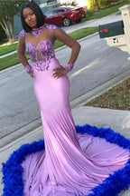 Glamuroso vestido largo de sirena de satén y encaje para baile de graduación con mangas largas