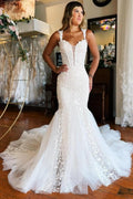 Glamuroso vestido de novia largo de sirena con hombros descubiertos, encaje, sin mangas y cola