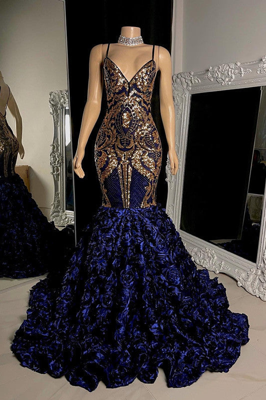 Glamuroso vestido largo de sirena sin mangas con tirantes finos para baile de graduación
