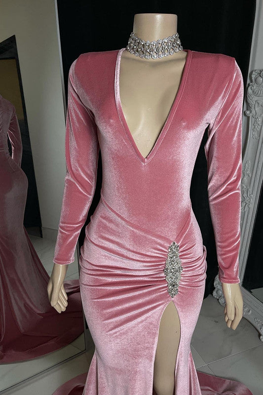 Robe de bal longue sirène glamour sans manches à col en V et fente sur le devant