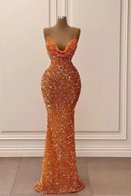 Robes de bal glamour longues sirène à bretelles spaghetti et sequins