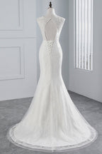 Glamuroso vestido de novia largo de sirena con apliques de tul y encaje