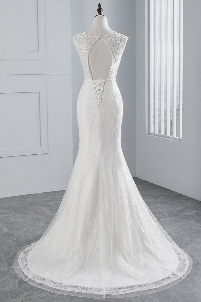 Glamuroso vestido de novia largo de sirena con apliques de tul y encaje