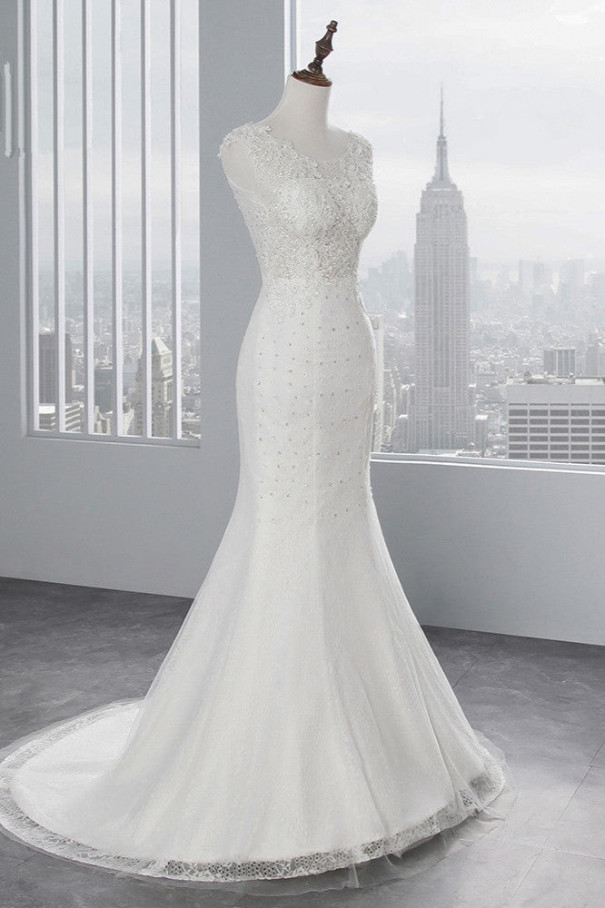 Glamuroso vestido de novia largo de sirena con apliques de tul y encaje