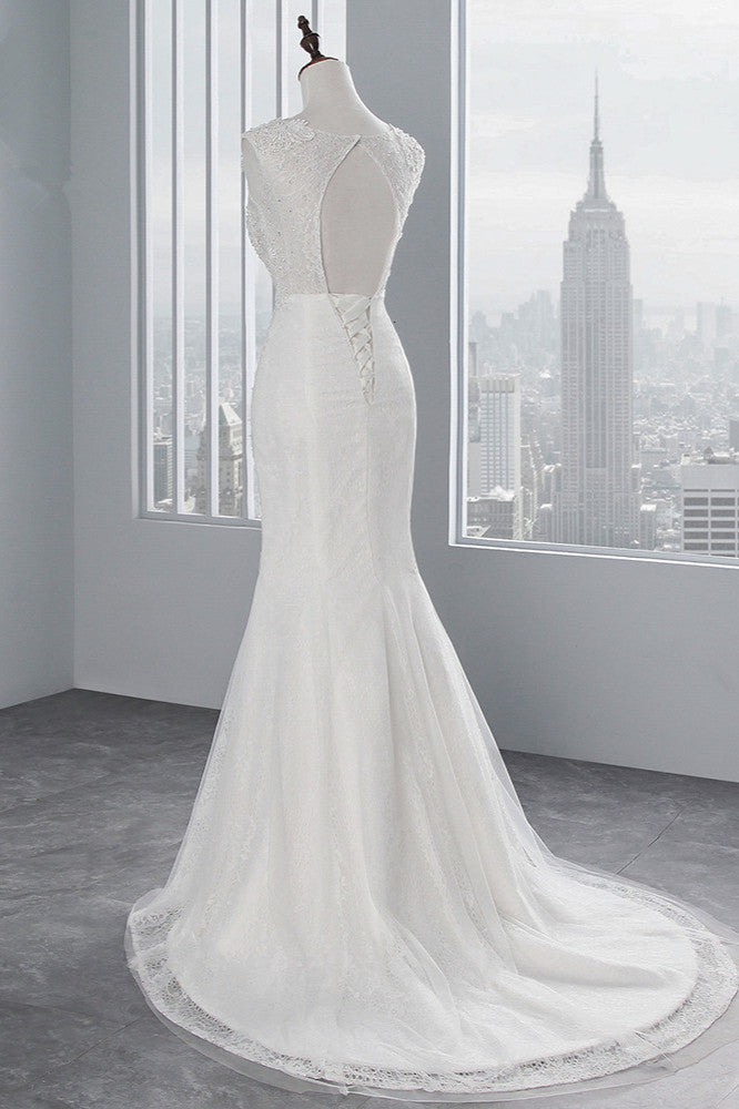 Glamuroso vestido de novia largo de sirena con apliques de tul y encaje