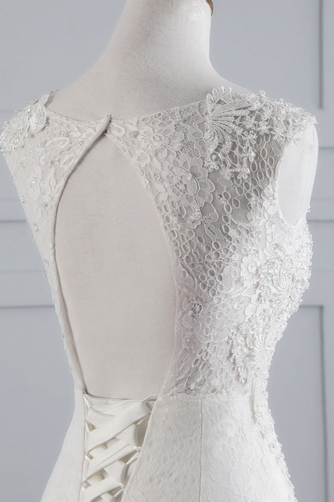 Glamuroso vestido de novia largo de sirena con apliques de tul y encaje
