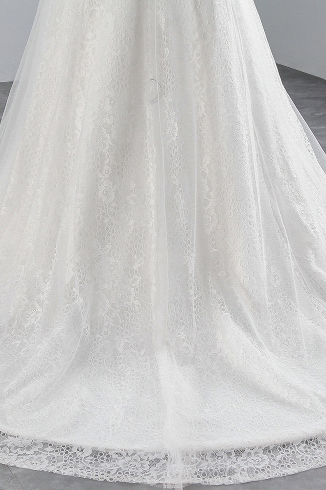 Glamuroso vestido de novia largo de sirena con apliques de tul y encaje
