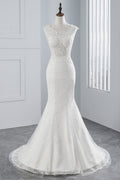 Glamuroso vestido de novia largo de sirena con apliques de tul y encaje