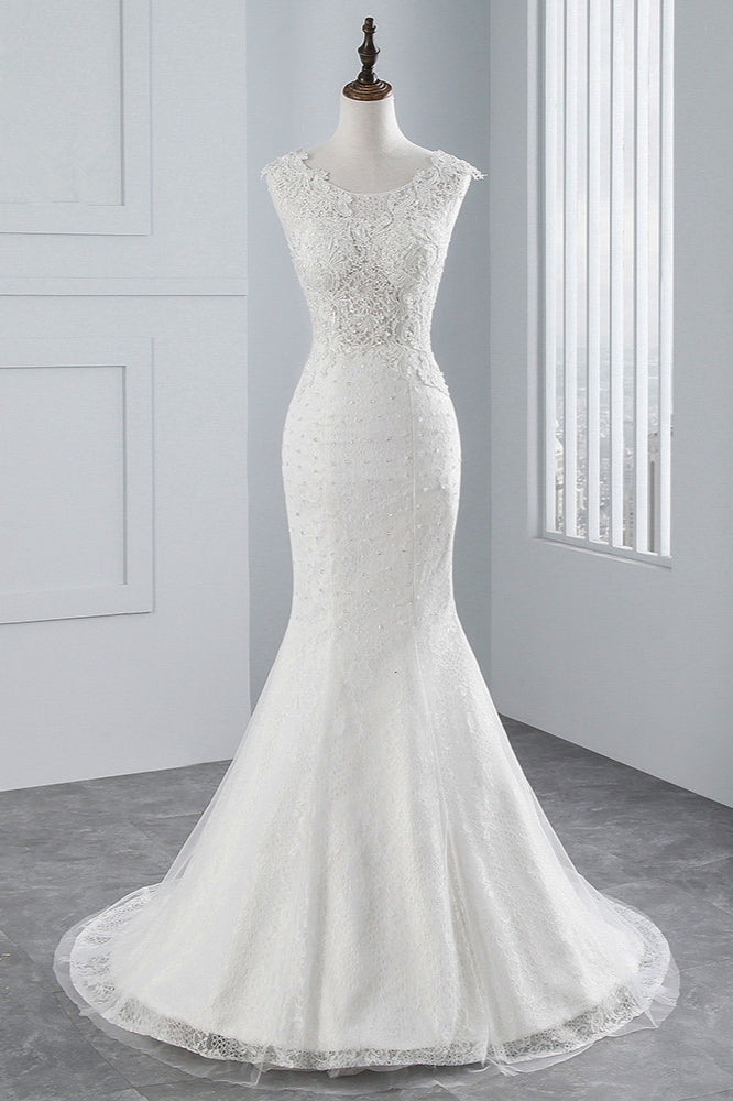 Glamuroso vestido de novia largo de sirena con apliques de tul y encaje