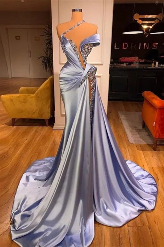 Robe de bal longue et glamour en dentelle à paillettes et épaules dénudées avec fente
