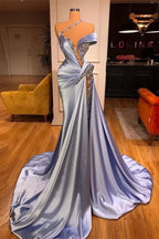 Robe de bal longue et glamour en dentelle à paillettes et épaules dénudées avec fente