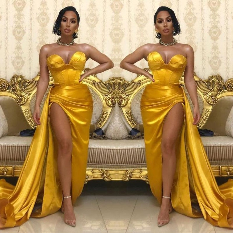 Robe de bal longue et glamour fendue en solde, taille haute